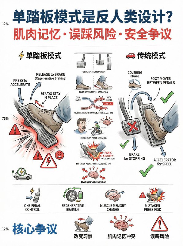 汽车小知识 单踏板模式是“反人类”还是神技？1️⃣ 什么是单踏板？不是只有一个踏板： 刹车踏板一直都在！动能回收原理： 踩下加速，松开减速