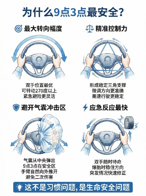 老司机也常犯错！方向盘到底怎么握？很多人开车喜欢单手搓方向盘，或者把手搭在12点钟位置，觉得这样不仅轻松，还特别帅