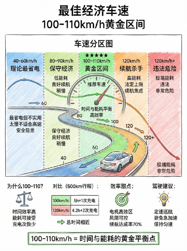 汽车小知识 电车高速省电策略春节回家跑高速，电车车主最怕什么？ 不是堵车，而是看着续航里程“断崖式”下跌！📉 很多新手觉得“开得快=到家早”，哪怕费点电也值得