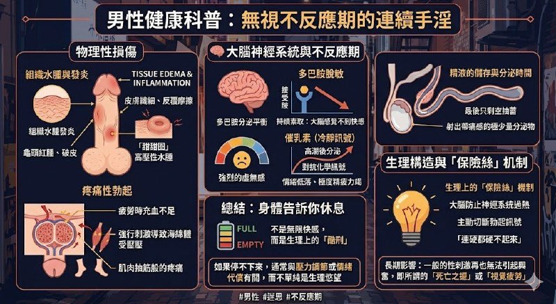 如果有一个男性没事就手淫，一直手淫，不管不反应期会发生什么事情相信很多男性都会有类似的疑问甚至有些男性在青春期时会用自己的连续手淫次数来作为社交的谈资虽然男性确实可以挑战体能极限，但身体有一套相当强硬的「防呆机制」首先，强行无视不反应期（Refractory Period）最直接的后果是物理性损伤