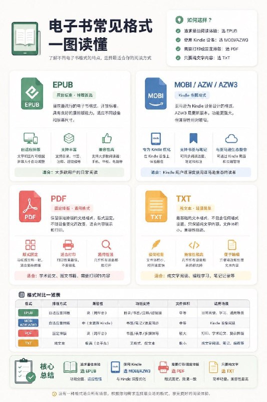 一图看懂电子书常见格式：EPUB，MOBI/AZW/AZW3，PDF，TXT
