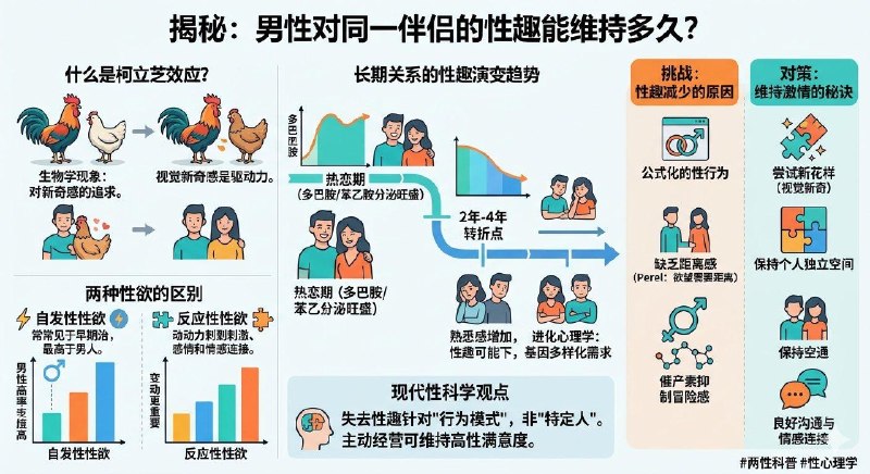 男性对同一个性伴侣能够持续保有性趣多久？要了解这个问题我们首先要先了解柯立芝效应这是一个著名的生物学现象，即便雄性动物在与现有的配偶交配到筋疲力尽后，若出现新的可受孕雌性，雄性会立即恢复性冲动