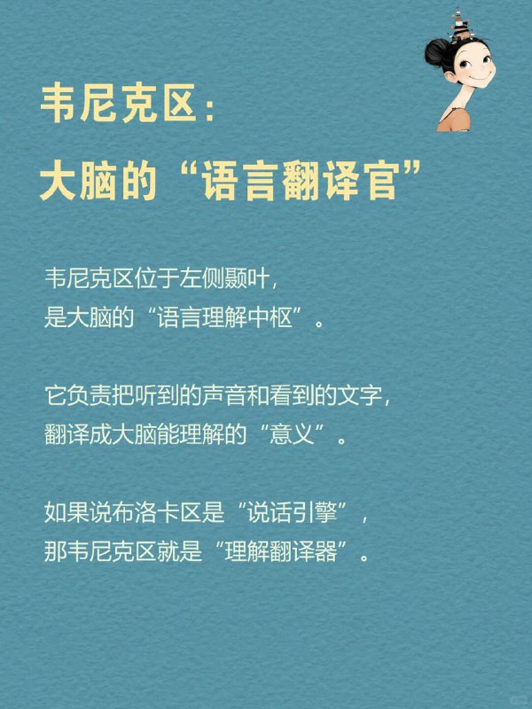 每天分享一个心理学知识|韦尼克区你有没有遇到过这种人：口若悬河、语气生动，但一句话都听不懂你认真提问，他却答非所问，像频道错位的收音机更诡异的是—他完全没意识到自己“胡言乱语”这不是故意捣乱，而是大脑「韦尼克区」（Wernicke's Area）受损后的真实症状—一种连患者自己都察觉不到的“语言解体”
