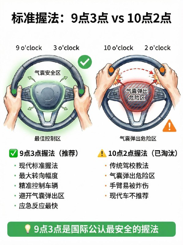 老司机也常犯错！方向盘到底怎么握？很多人开车喜欢单手搓方向盘，或者把手搭在12点钟位置，觉得这样不仅轻松，还特别帅
