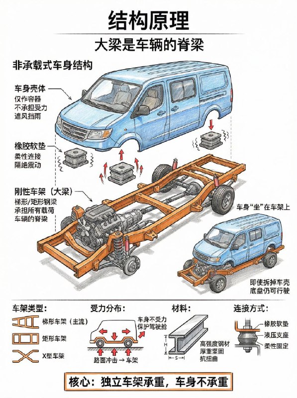 汽车小知识买SUV必看！带不带“大梁”，有啥区别？很多新手去买SUV，看着外观都很霸气，但其实市面上90%的城市SUV，骨子里只是一台“底盘加高的轿车”而已