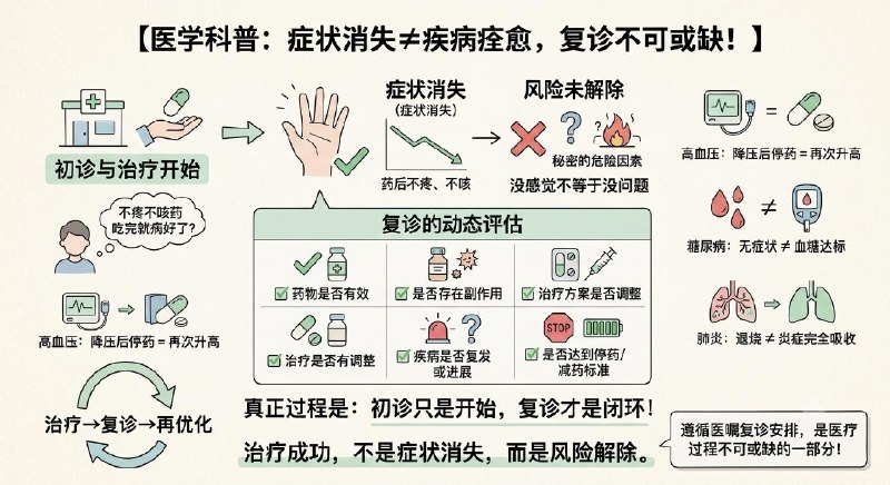 「医学科普：症状消失≠疾病痊愈 很多人都忽略了复诊这一步！」很多人都有这样一种想法，药吃完了、不疼了、不咳了、不难受了、病自然就好了……但我们从医学角度来看，没感觉不等于没问题