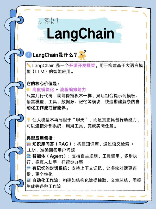 每天拆解一个AI知识点：LangChainLangChain 是什么LangChain 是一个开源开发框架，用于构建基于大语言模型（LLM）的智能应用