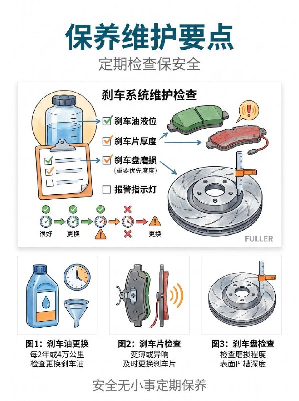 汽车小知识汽车刹车系统 盘式vs鼓式怎么选？每天都在开车，但你真的了解脚下的刹车吗？刹车是关键时刻能救命的系统：  一、 刹车是怎么工作的？（动能👉热能） 踩下制动踏板 ➡️ 真空助力器将力量放大 ➡️ 推动制动总泵传递液压 ➡️ 刹车油管路传导 ➡️ 卡钳死死夹住刹车盘产生摩擦！ (简单说：就是用摩擦力把车子的运动能量变成热能散发掉！)  二、 盘式刹车 vs 鼓式刹车，到底哪个好？ 很多买车的朋友都会纠结这个配置，其实各有优劣：  盘式刹车 (主流配置)： 优点：散热性能极其优秀！抗热衰退能力强，连续刹车不脚软，脚感线性