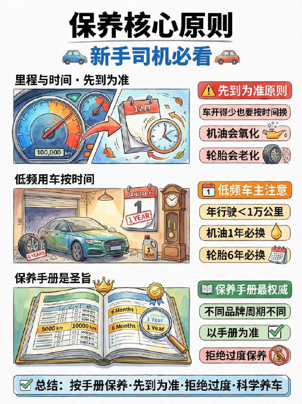 汽车小知识新手司机必看！车辆保养周期表1️⃣ 保养核心原则：先到为准！⏱️里程与时间：保养遵循“先到为准”原则