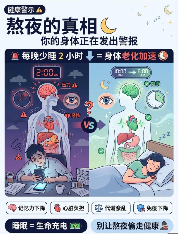 熬夜后别再喝咖啡☕️你还在靠一杯咖啡“续命”熬夜吗？当心它正在悄悄加重你身体的负担！ 熬夜后最该避开的“提神刺客”：咖啡、浓茶、功能饮料熬夜本身已让心脏处于疲惫状态，而咖啡因会进一步刺激交感神经，导致：⚠️心率加快、血压上升⚠️ 加重心脑血管负担长期“熬夜+咖啡”组合，会显著增加心脑血管疾病风险！更可怕的是，它容易让你陷入恶性循环：熬夜→没精神→喝咖啡提神→更难入睡→继续熬夜…（同理，浓茶、功能性饮料也含大量咖啡因，同样不建议！） 熬夜后这样做，恢复效率翻倍 喝一杯温水促进新陈代谢，帮助身体排出熬夜积累的代谢废物