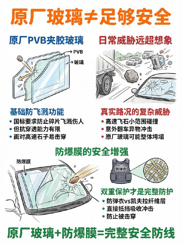 汽车小知识原厂玻璃真的能防住飞石吗？⚠️为什么原厂玻璃也需要“加层防弹衣”？别以为原厂夹层玻璃就万无一失了！抗战力有限：面对高速飞石或意外的惊恐，原厂玻璃很容易被击穿甚至整体垮塌