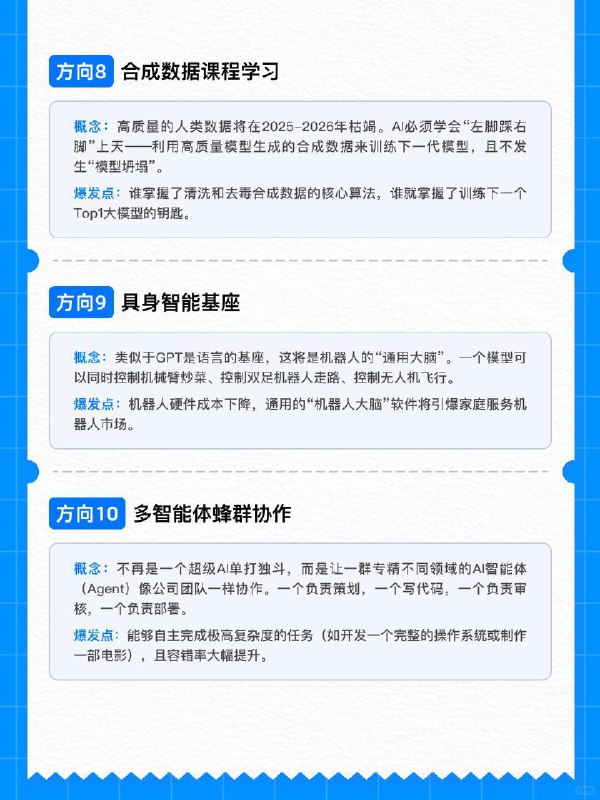 🟦2026年会火的10个AI技术趋势在2025年里，我们算见证了AI技术的狂飙式发展，从编程提效、AI绘画出圈，到自然语言交互的日常化，再到机器人技术的快速突破，各个赛道都在飞速迭代