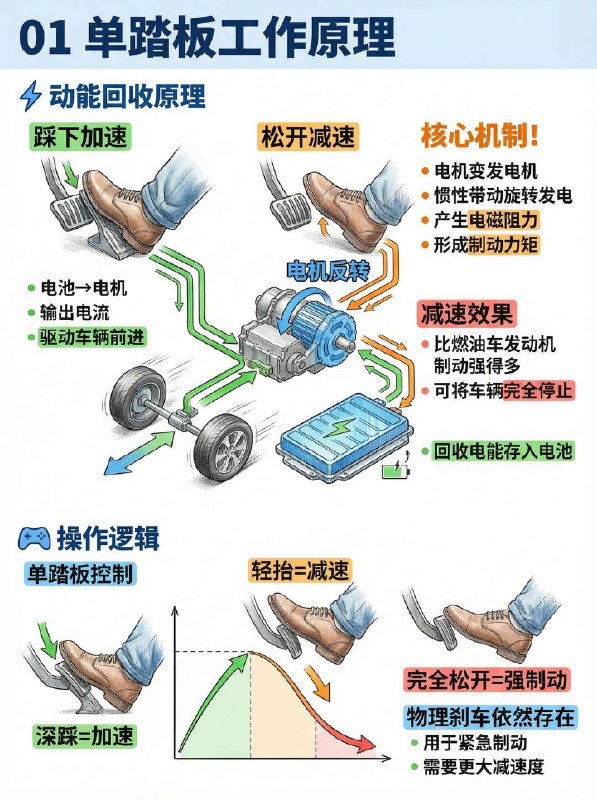 汽车小知识 单踏板模式是“反人类”还是神技？1️⃣ 什么是单踏板？不是只有一个踏板： 刹车踏板一直都在！动能回收原理： 踩下加速，松开减速