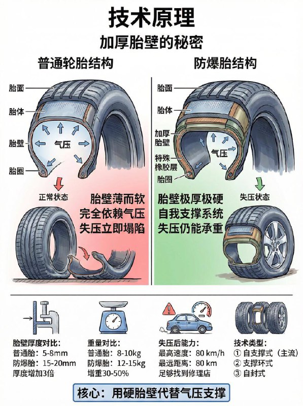 防爆胎真的“防爆”吗？1️⃣ 核心原理：硬碰硬普通胎： 胎壁薄，全靠气压撑着，一旦漏气瞬间塌陷