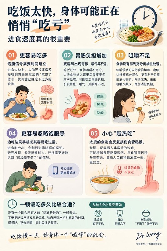 「健康科普：为什么说十个胖子九个吃饭都快？」最近在搞减重训练营，可以说训练营里每一位胖的都各有原因，但我发现有一点TA们是非常的一致，吃饭基本都是端起碗几分钟就吃完，三两口就把这一餐给解决了……偶尔吃快一点儿问题不大，但如果长期这么狼吞虎咽的话，确实会给身体带来一些负面的影响：第一、吃太快，更容易吃多：人的饱腹感需要一定时间建立