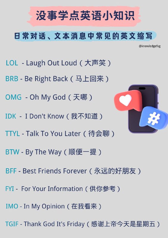 没事学点英语小知识盘点一下那些常见的英文缩写⬇️在我们刷老外的推特时候，经常会发现一些缩写，你知道它们都代表什么含义吗？今天来简单列举一些在日常对话、文本消息以及社交媒体上非常常见的英文缩写