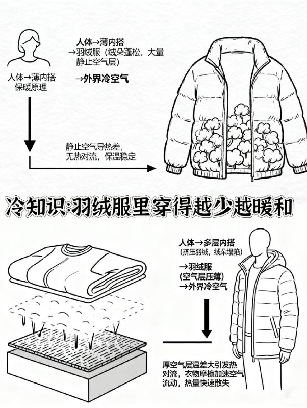 羽绒服越穿越不暖的真相羽绒服保暖的关键在于其中填充的羽绒，而羽绒服保暖性能的丧失，主要就是因为羽绒出了问题