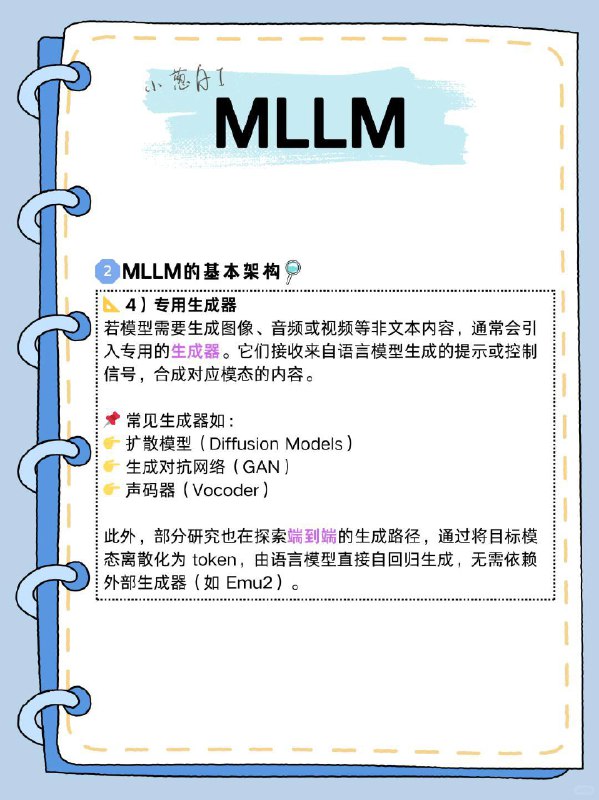 每天拆解一个AI知识点：多模态模型（MLLM）什么是多模态大语言模型（MLLM）多模态大语言模型是一类能够同时理解和生成文本、图像、音频、视频等多种模态信息的人工智能模型