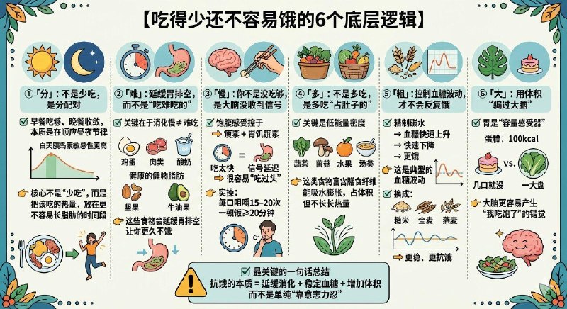 「健康科普：吃得少还不容易饿的6个底层逻辑」①「分」：不是少吃，是分配对；②「难」：延缓胃排空，而不是“吃难吃的”；③「慢」：你不是没吃够，是大脑没收到信号；④「多」：不是多吃，是多吃“占肚子的”；⑤「粗」：控制血糖波动，才不会反复饿；⑥「大」：用体积“骗过大脑”