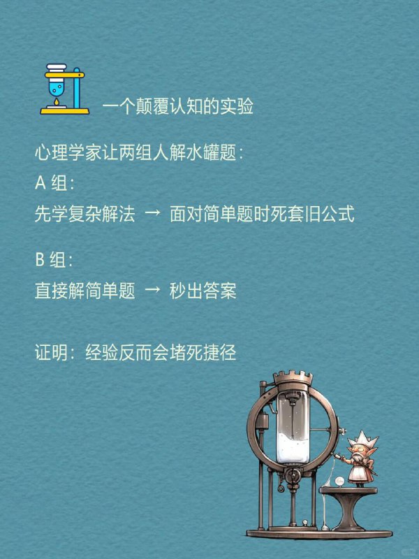 每天分享一个心理学知识｜定式效应🧠🔄|  当你用旧方法解新问题，|  就像拿去年地图找今年的路——|  越努力，错得越远 🧪 一个颠覆认知的实验心理学家让两组人解水罐题：🔹 A组：先学复杂解法 → 面对简单题时死套旧公式🔹 B组：直接解简单题 → 秒出答案证明：经验反而会堵死捷径 🌫️ 你是不是也曾陷入这样的困惑—— ▫️ 工作用老套路应对新挑战 → 漏洞百出▫️ 学习靠死记硬背 → 越学越懵▫️ 关系里重复讨好 → 永远换不来真心 这就是心理学上的一个经典效应：定式效应（Einstellung Effect）每天分享一个心理学知识｜定式效应🧠🔄|  当你用旧方法解新问题，|  就像拿去年地图找今年的路——|  越努力，错得越远 🧪 一个颠覆认知的实验心理学家让两组人解水罐题：🔹 A组：先学复杂解法 → 面对简单题时死套旧公式🔹 B组：直接解简单题 → 秒出答案证明：经验反而会堵死捷径 🌫️ 你是不是也曾陷入这样的困惑—— ▫️ 工作用老套路应对新挑战 → 漏洞百出▫️ 学习靠死记硬背 → 越学越懵▫️ 关系里重复讨好 → 永远换不来真心 这就是心理学上的一个经典效应：定式效应（Einstellung Effect）