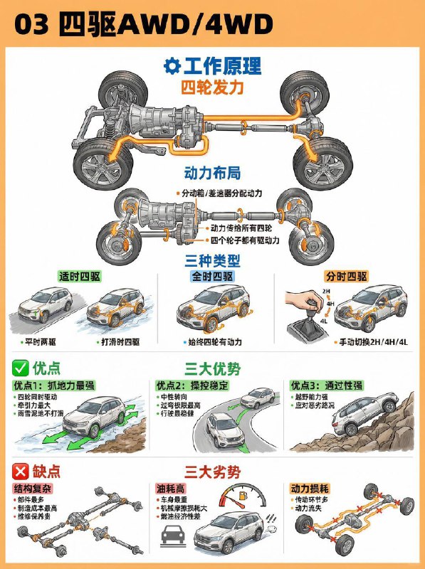 汽车小知识 前驱、后驱、四驱怎么选？1️⃣ 前驱 (FWD)：经济适用的“拉车人”工作原理： 发动机带前轮跑，就像人在前面拉车