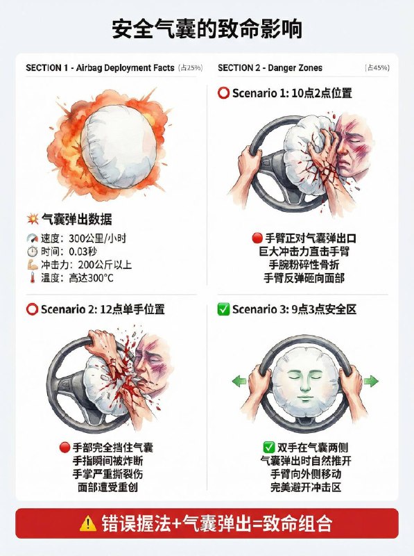 老司机也常犯错！方向盘到底怎么握？很多人开车喜欢单手搓方向盘，或者把手搭在12点钟位置，觉得这样不仅轻松，还特别帅
