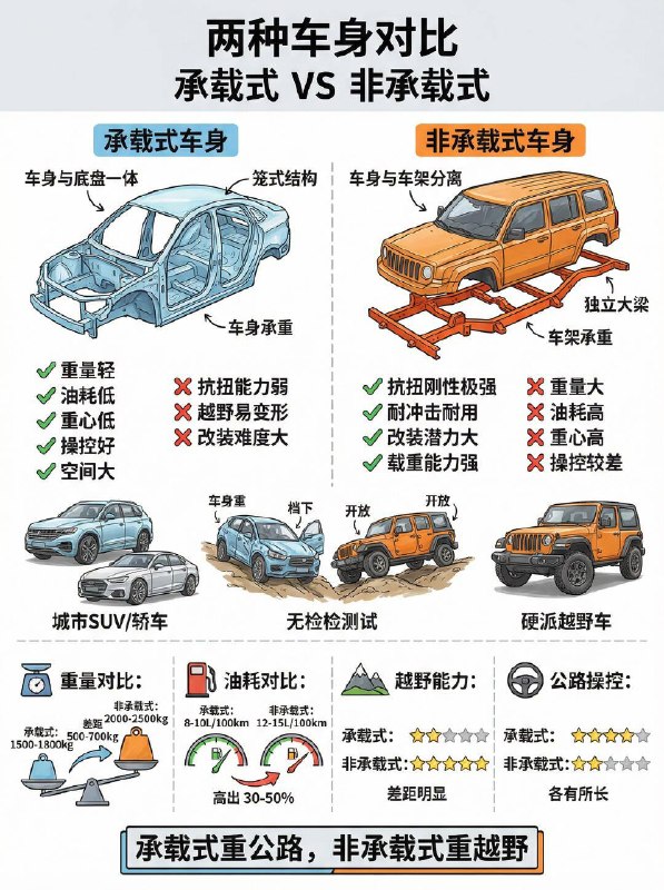 汽车小知识买SUV必看！带不带“大梁”，有啥区别？很多新手去买SUV，看着外观都很霸气，但其实市面上90%的城市SUV，骨子里只是一台“底盘加高的轿车”而已