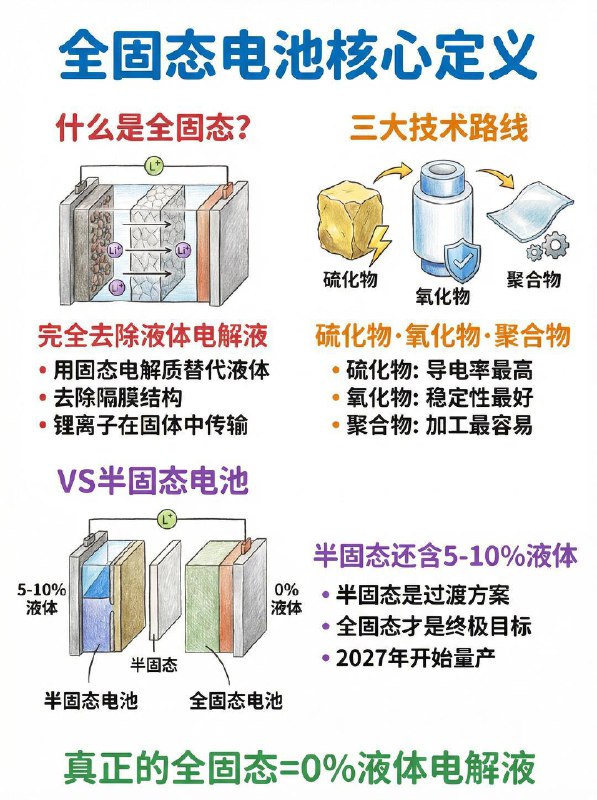 汽车小知识 🔋什么是真正的全固态电池？🧐什么是真正的“全固态”？简单来说，就是把电池里的易燃液体全部抽干，换成稳定如泰山的热量