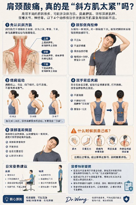 「健康科普：肩颈总是酸痛？4个动作帮你改善斜方肌紧张」肩颈不适的原因很多，涉及斜方肌、提肩胛肌、颈部深层肌群，也可能与颈椎关节、神经等有关