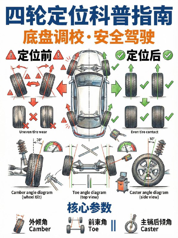汽车小知识 ⚠️方向盘歪？吃胎？别忽视“四轮定位”！很多司机分不清“动平衡”和“四轮定位”
