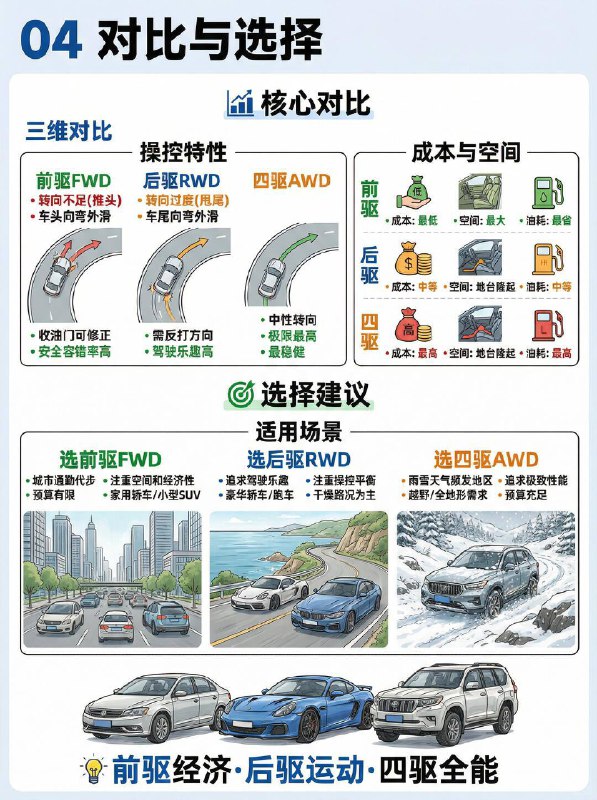 汽车小知识 前驱、后驱、四驱怎么选？1️⃣ 前驱 (FWD)：经济适用的“拉车人”工作原理： 发动机带前轮跑，就像人在前面拉车