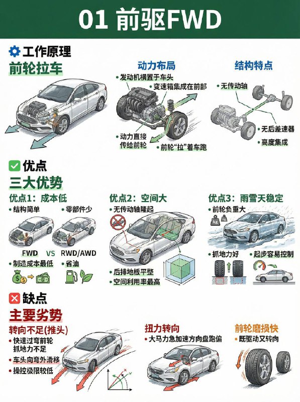 汽车小知识 前驱、后驱、四驱怎么选？1️⃣ 前驱 (FWD)：经济适用的“拉车人”工作原理： 发动机带前轮跑，就像人在前面拉车