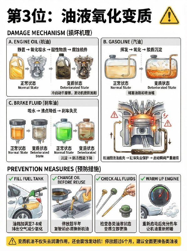车子停着不开，这3个地方最容易报废🔋 1. 电瓶直接“饿死”（最常见！） 车子虽然熄火，但防盗系统等还在微量耗电（暗电流）