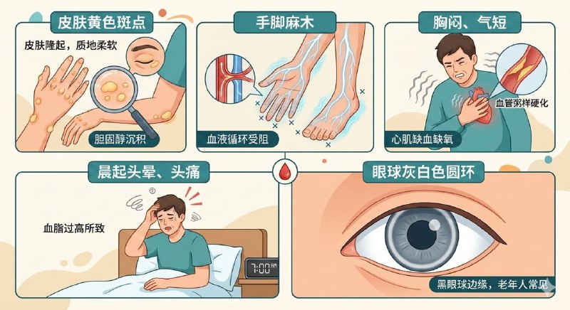 「健康科普：日常生活中血脂超标的5个常见信号」长期高脂饮食容易导致高血脂，血脂超标的早期表现不明显，随时时间推移，可出现以下躯体信号：1、皮肤出现黄色斑点：血脂水平升高时，肘部、膝盖、指关节或跟腱、眼睑等部位可出现皮肤隆起，颜色为黄色、橘黄色，多呈结节、斑块或丘疹形状，质地柔软，这是胆固醇沉积的结果