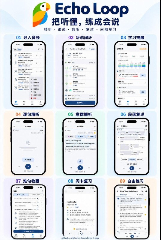 找到一款学英语的开源神器：Echo Loop一款科学、高效的 AI 英语听说训练 App，通过精听、跟读、盲听、复述和间隔复习，自动驱动学习者把每一段音频真正练懂、练熟、练到会说