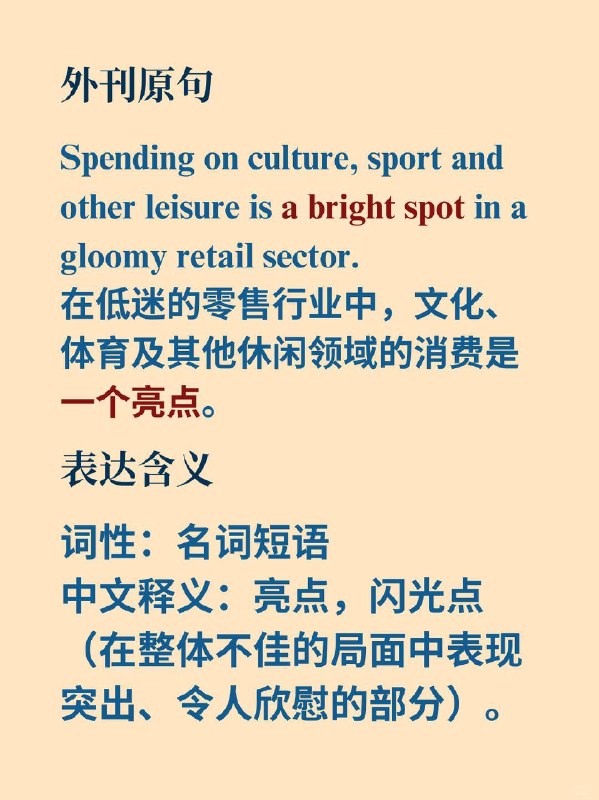每天学习外刊表达📙《The Economist》 ✨ 外刊原句：Spending on culture, sport and other leisure is a bright spot in a gloomy retail sector.翻译：在低迷的零售行业中，文化、体育及其他休闲领域的消费是一个亮点