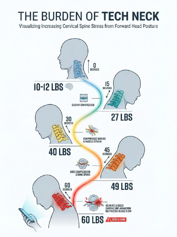 「一图读懂：你的“科技颈”（Tech Neck）负担有多重！」附图展示了低头姿势如何增加颈椎压力：1、头部倾斜程度与重量：头部越向前倾，颈椎承受的压力呈指数级增长，从0度时的10-12磅增加到60度时的60磅