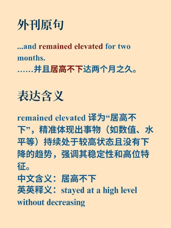 积累一个外刊地道表达——居高不下《纽约客》✨ 外刊原句：...and （remained elevated） for two months.……并且居高不下达两个月之久