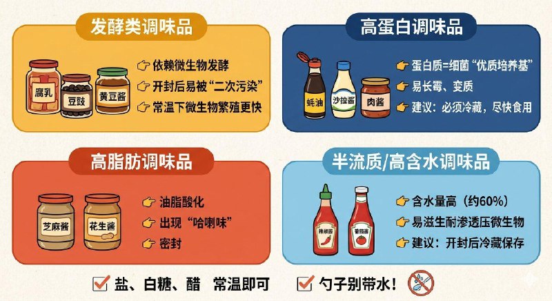 「健康科普：这4类调味品如果不放冰箱储存 真的很容易变质！」① 发酵类调味品：腐乳、豆豉、黄豆酱等调味品，主要靠微生物发酵制成，开封后，外界微生物容易入侵，如果存放温度又较高，其中的微生物会快速繁殖，引起变质
