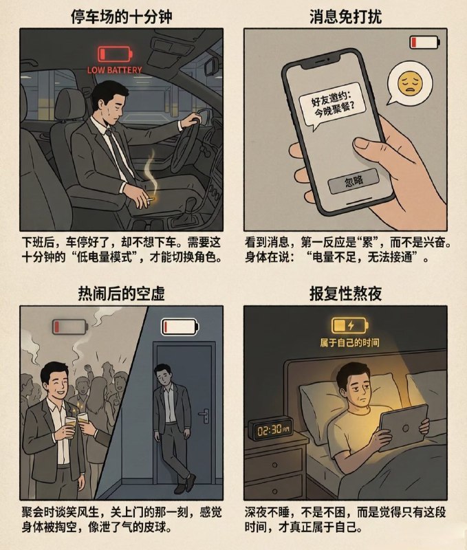 心理学上有个词叫“社交疲惫”，它是指由于长时间的社交活动，导致情感和认知资源的严重消耗，进而产生心理疲惫的现象