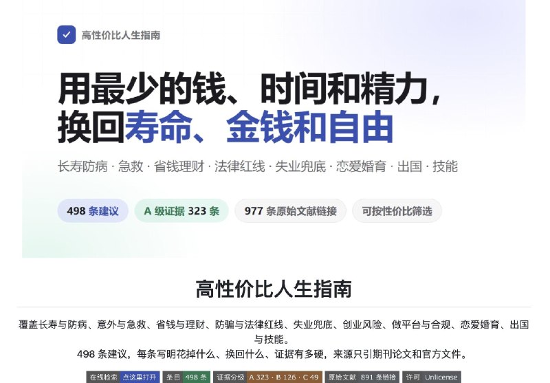 作者算是活明白了，把人生各个阶段可能踩坑或者能占便宜的事，做成了一本高性价比人生指南，让你用做少的钱，时间和精力，换回寿命，金钱和自由
