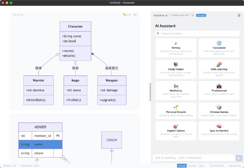 一个走极简风，界面清爽但五脏俱全的开源Markdown 编辑器：Moraya内置 AI 助手，支持 Claude、OpenAI、DeepSeek 和本地Ollama等等