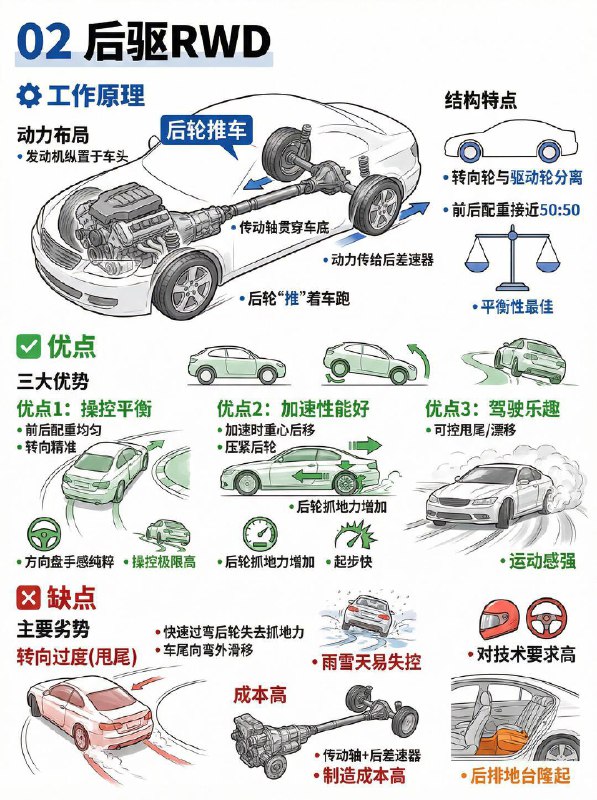 汽车小知识 前驱、后驱、四驱怎么选？1️⃣ 前驱 (FWD)：经济适用的“拉车人”工作原理： 发动机带前轮跑，就像人在前面拉车