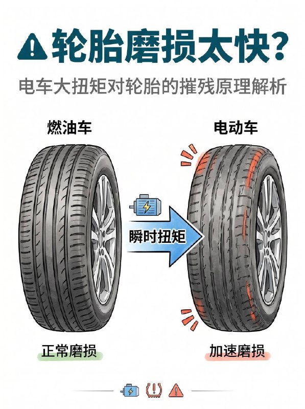 汽车小知识为什么电车比油车更费胎？很多电车车主发现：明明才开了两三万公里，轮胎花纹就快磨平了？其实这不是心理作用，电车确实比油车更“费胎”！  ⚖️ 1. “超重”的身体（电池组压力） 电车因为背负着沉重的电池包，整车重量通常比同级别油车重30%-50%