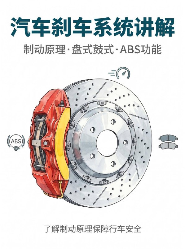 汽车小知识汽车刹车系统 盘式vs鼓式怎么选？每天都在开车，但你真的了解脚下的刹车吗？刹车是关键时刻能救命的系统：  一、 刹车是怎么工作的？（动能👉热能） 踩下制动踏板 ➡️ 真空助力器将力量放大 ➡️ 推动制动总泵传递液压 ➡️ 刹车油管路传导 ➡️ 卡钳死死夹住刹车盘产生摩擦！ (简单说：就是用摩擦力把车子的运动能量变成热能散发掉！)  二、 盘式刹车 vs 鼓式刹车，到底哪个好？ 很多买车的朋友都会纠结这个配置，其实各有优劣：  盘式刹车 (主流配置)： 优点：散热性能极其优秀！抗热衰退能力强，连续刹车不脚软，脚感线性