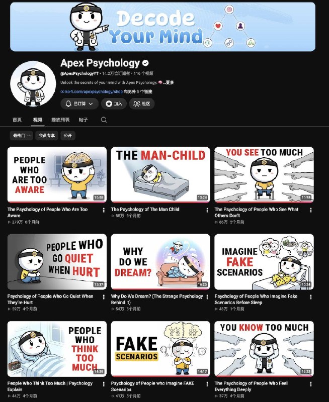 宝藏Youtube频道推荐：Apex Psychology一个专注于大众心理学科普的油管频道，内容涵盖人格、童年成长、情绪心理、睡眠梦境和社交心理