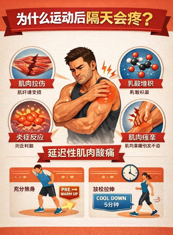「健康科普：运动为什么会隔天疼？」最常见的原因是肌肉发生机械拉伸损伤，损伤发生后一段时间，游离于结缔组织、动脉血管等部位的疼痛受体逐渐感受到刺激，便会触发疼痛反应