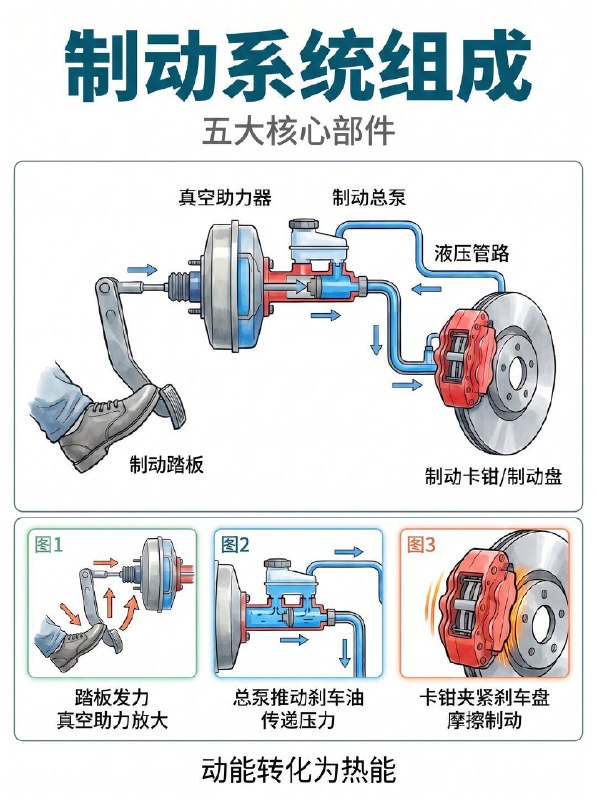汽车小知识汽车刹车系统 盘式vs鼓式怎么选？每天都在开车，但你真的了解脚下的刹车吗？刹车是关键时刻能救命的系统：  一、 刹车是怎么工作的？（动能👉热能） 踩下制动踏板 ➡️ 真空助力器将力量放大 ➡️ 推动制动总泵传递液压 ➡️ 刹车油管路传导 ➡️ 卡钳死死夹住刹车盘产生摩擦！ (简单说：就是用摩擦力把车子的运动能量变成热能散发掉！)  二、 盘式刹车 vs 鼓式刹车，到底哪个好？ 很多买车的朋友都会纠结这个配置，其实各有优劣：  盘式刹车 (主流配置)： 优点：散热性能极其优秀！抗热衰退能力强，连续刹车不脚软，脚感线性