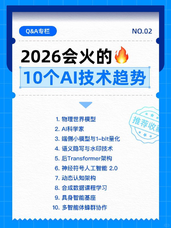 🟦2026年会火的10个AI技术趋势在2025年里，我们算见证了AI技术的狂飙式发展，从编程提效、AI绘画出圈，到自然语言交互的日常化，再到机器人技术的快速突破，各个赛道都在飞速迭代