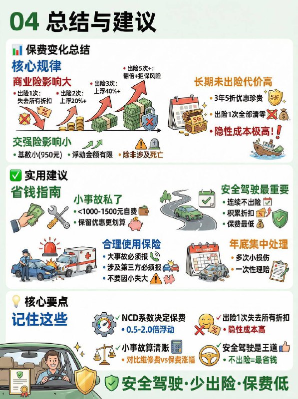 汽车小知识 出险一次保费涨多少？1️⃣ 保费是怎么涨起来的？车险保费核心由 NCD系数（无赔款优待系数） 决定
